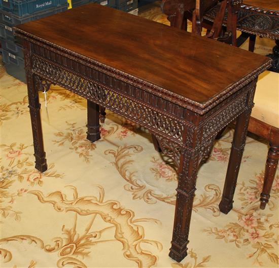 A Gothic Chippendale revival mahogany folding card table, W.3ft